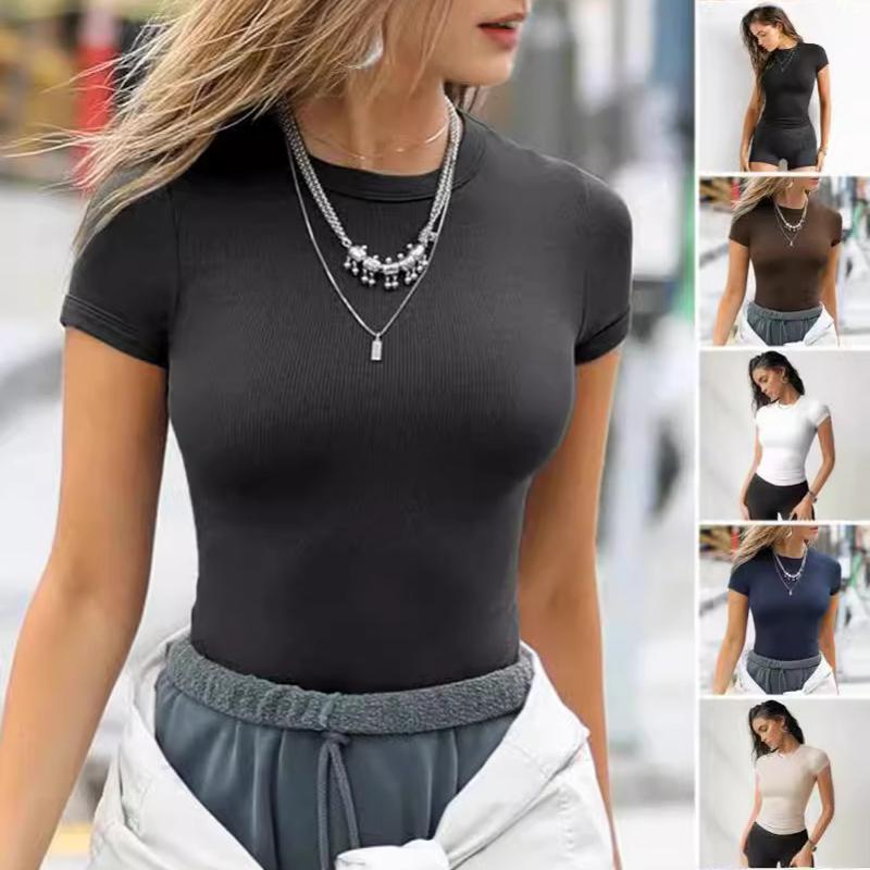 Designer Women's Ribbed Slim Fit Short Sleeve T-Shirt Solid Color Round Neck Streetwear Casual Summer Basic Top