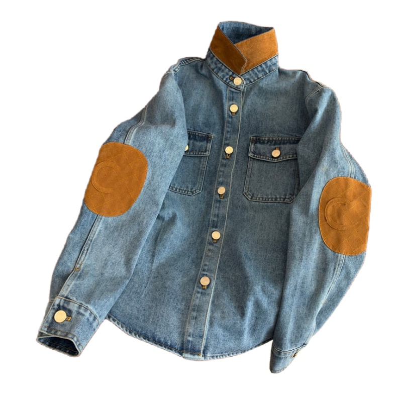Luxury Gold Buttons Denim Jacket Women Designer Fake Suede Patchwork Colorblock Jean Coat Outdoor Street Trendy Shirts