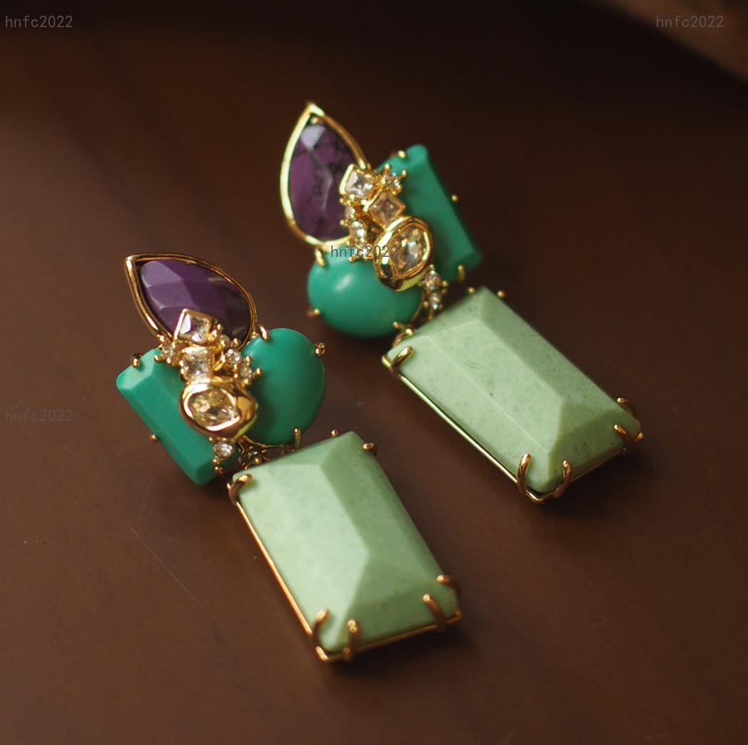 Classics Designed women luxury earrings Retro tassel natural turquoise Earring Ear studs copper plated gold Cai Designer Jewelry