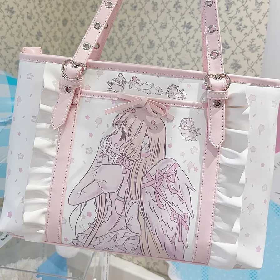 Evening Bags Kawaii Japanese Lolita Pink Tote Bag Women Large Capacity Shoulder Bags Cartoon Cute PU Leather Handbags Shopping Women's Bags H26