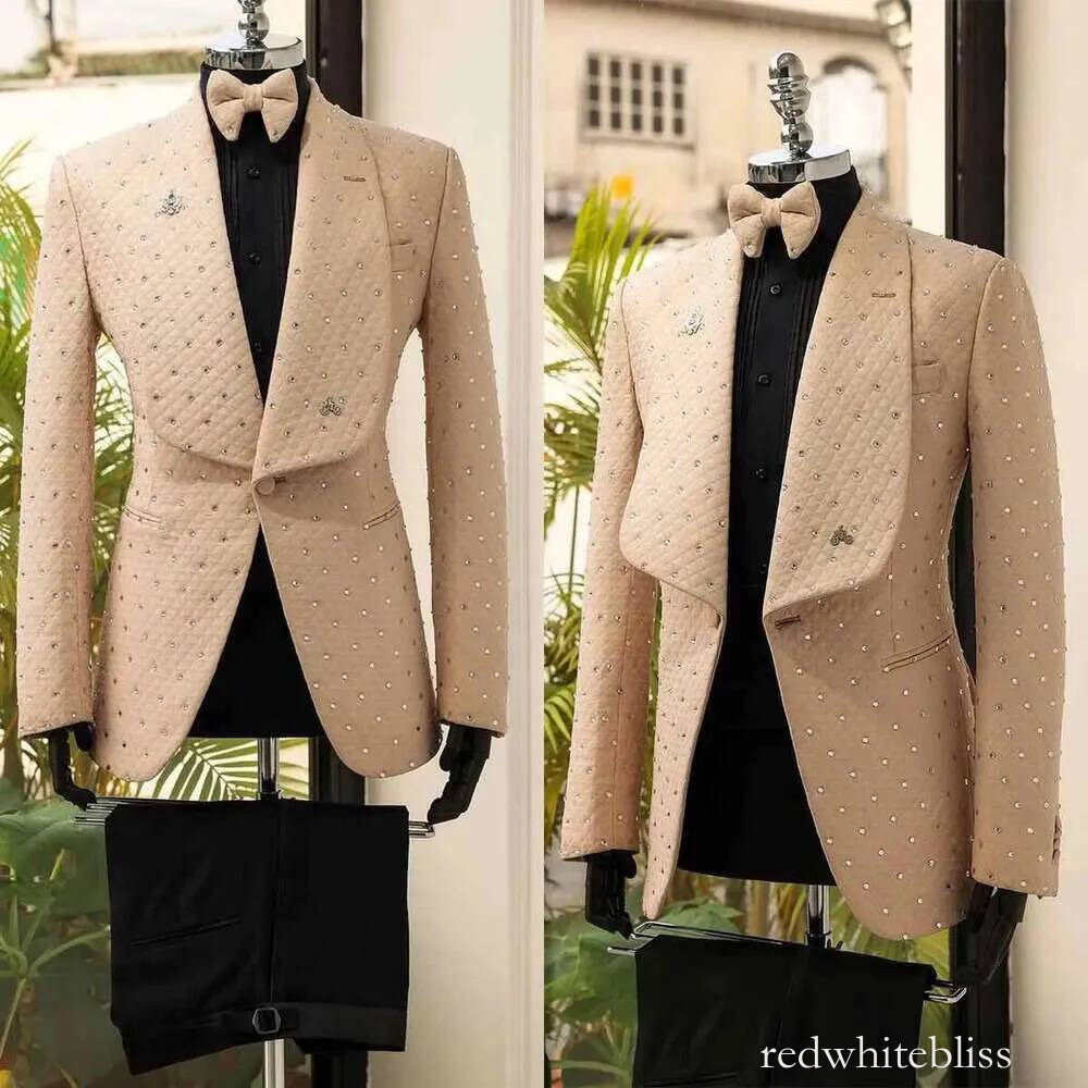 Shawl Tuxedos Pieces Beads Blazer 2 Wedding Lapel Black Pants One Button Pockets Fashion Coat Prom Party Ocns Custom Made Tailored Exquisite Fit