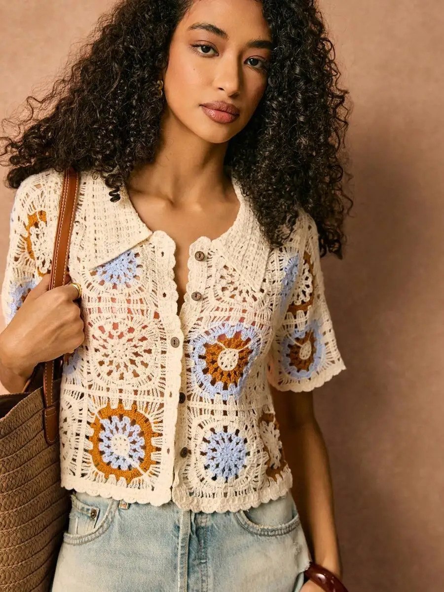 European and American Style Female Clothes Short Sleeve Summer Fashion Hollow Out Floral Top Woman Cotton Shirts Sweet Cardigans 261015