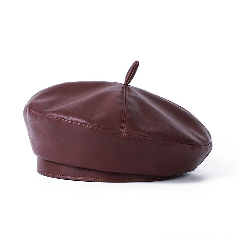 Koreanstyle PU leather beret for women vintage Britishstyle inverted forward cap autumn and winter pumpkin hat artist hat