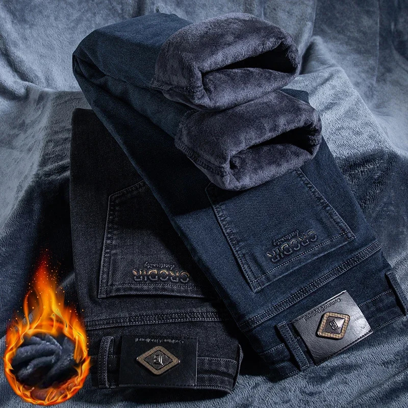 Mens Thicken Fleece Straight Jeans Winter Business Casual Stretch Denim Pants Warm Plush Trousers Pans Male Classic 261016