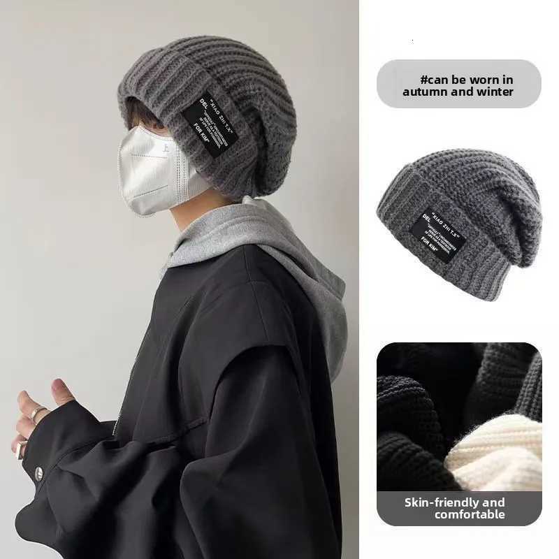 Beanie/Skull Caps Gray Knitted Wool Hat Men's Big Head Circumference Shows Face Small Women's Thick Knitted Warm Cold Hat Autumn and Winte