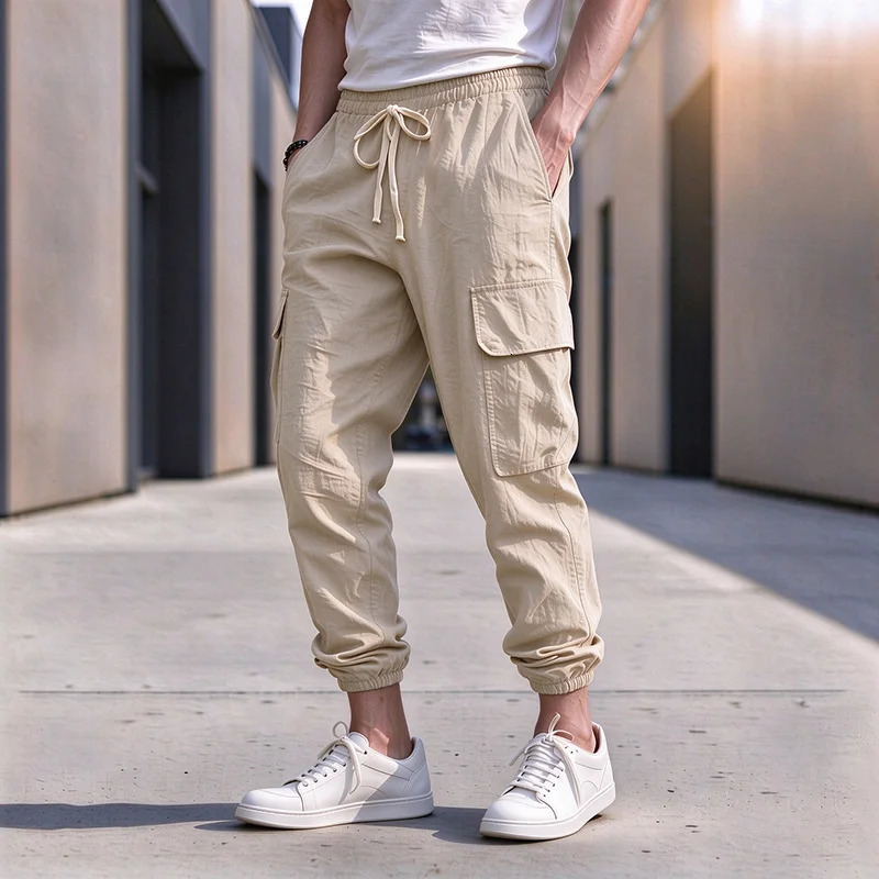 Mens Cotton Linen Blend Cargo Jogger Pants Elastic Waist Drawstring Multi Pockets Casual Breathable Streetwear Trousers for Men 261016