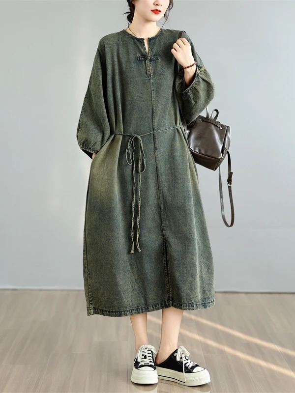 Retro Long Sleeve Denim Dres's Loose plus Size Midi Autumn Style Casual Natural Waist Straight Tube Skirt 261015