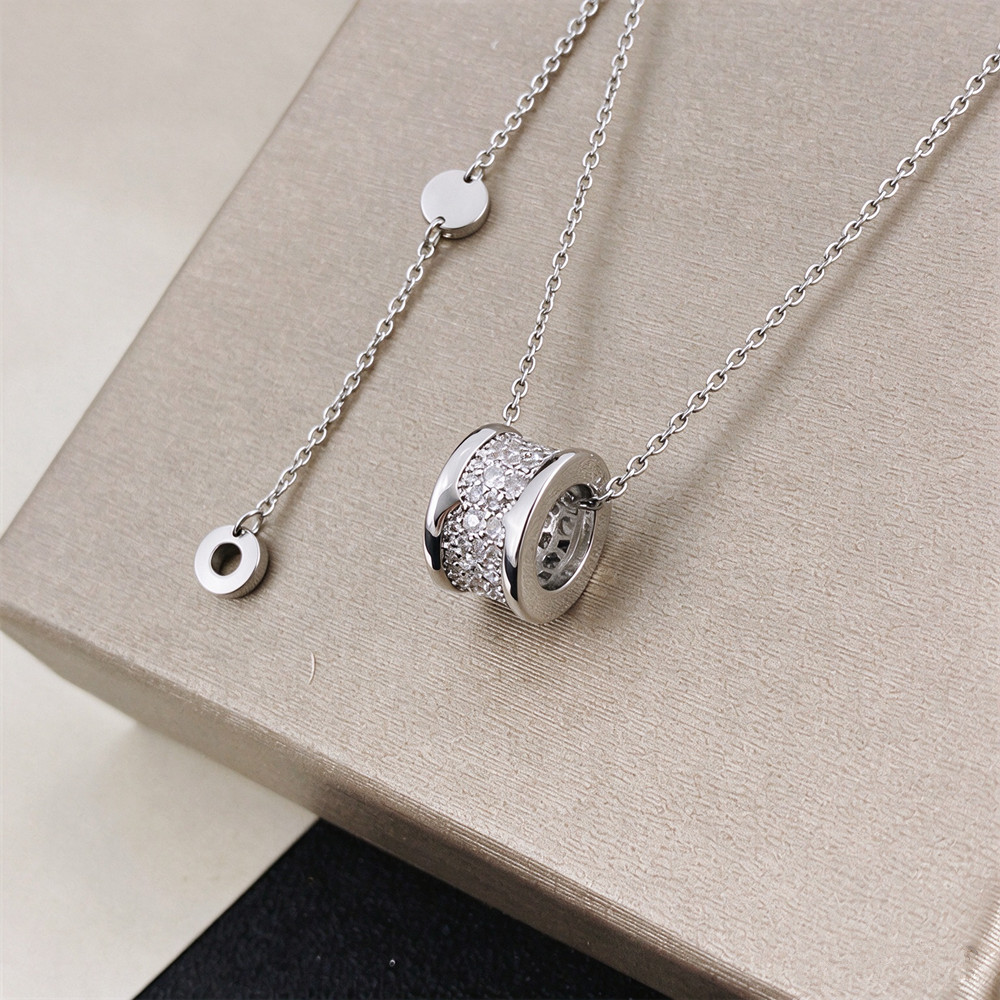 Hot Fashion Women Silver Rose Gold Stainless Steel Spring Black White Zircon Ceramics Pendant Necklace Sets Jewelry