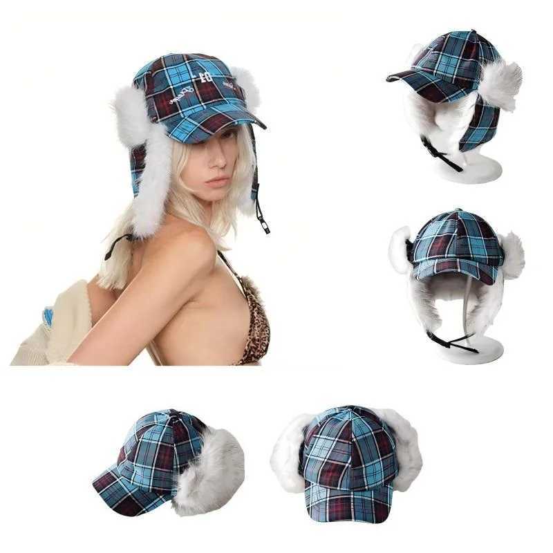 Trapper Hats Korean-Style Blue Plaid Lei Feng Hat for Women Autumn and Winter Ski and Flying Hat Warm Cycling Versatile Baseball CapT261017