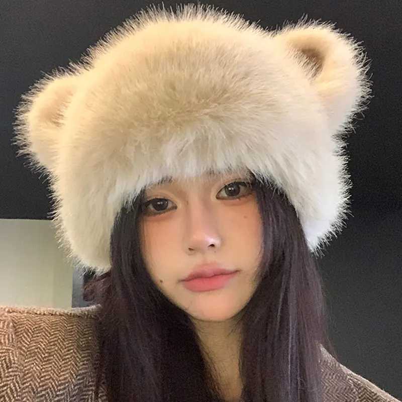 Beanie/Skull Caps Women's Fashion Bear Ear Fur Cap Fur Hat Autumn and Winter Fur Hats Mongolian Hat Brimless Plush Fluffy Skiing Riding Warm Ca