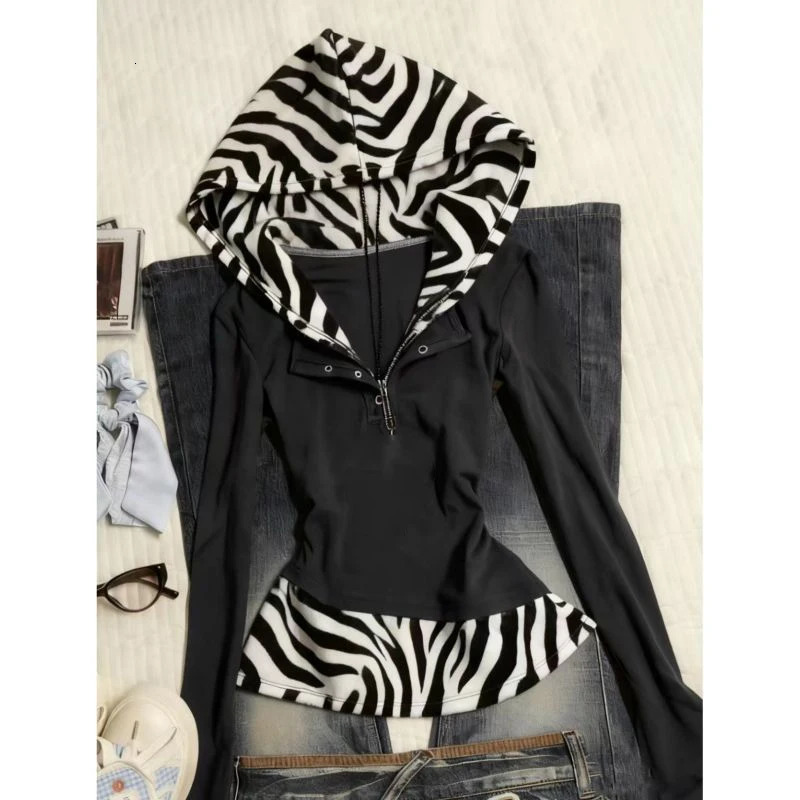 Vintage 2Piece Hoodie Woman Clothes Y2k 90s Sweatshirt Punk Goth Long Sleeves Streetwear Slim Crop Top Fashion Girl Tee 261017