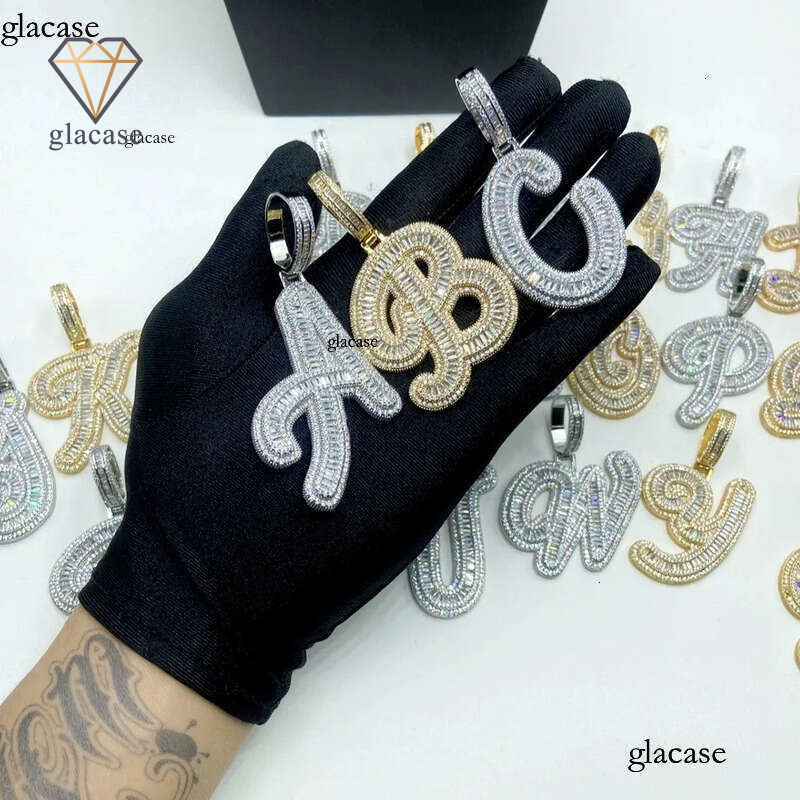 Hip Hop Custom A-Z Cursive Letters Pendant Necklace 5A T Zircon Real Gold Plated Mens Jewelry
