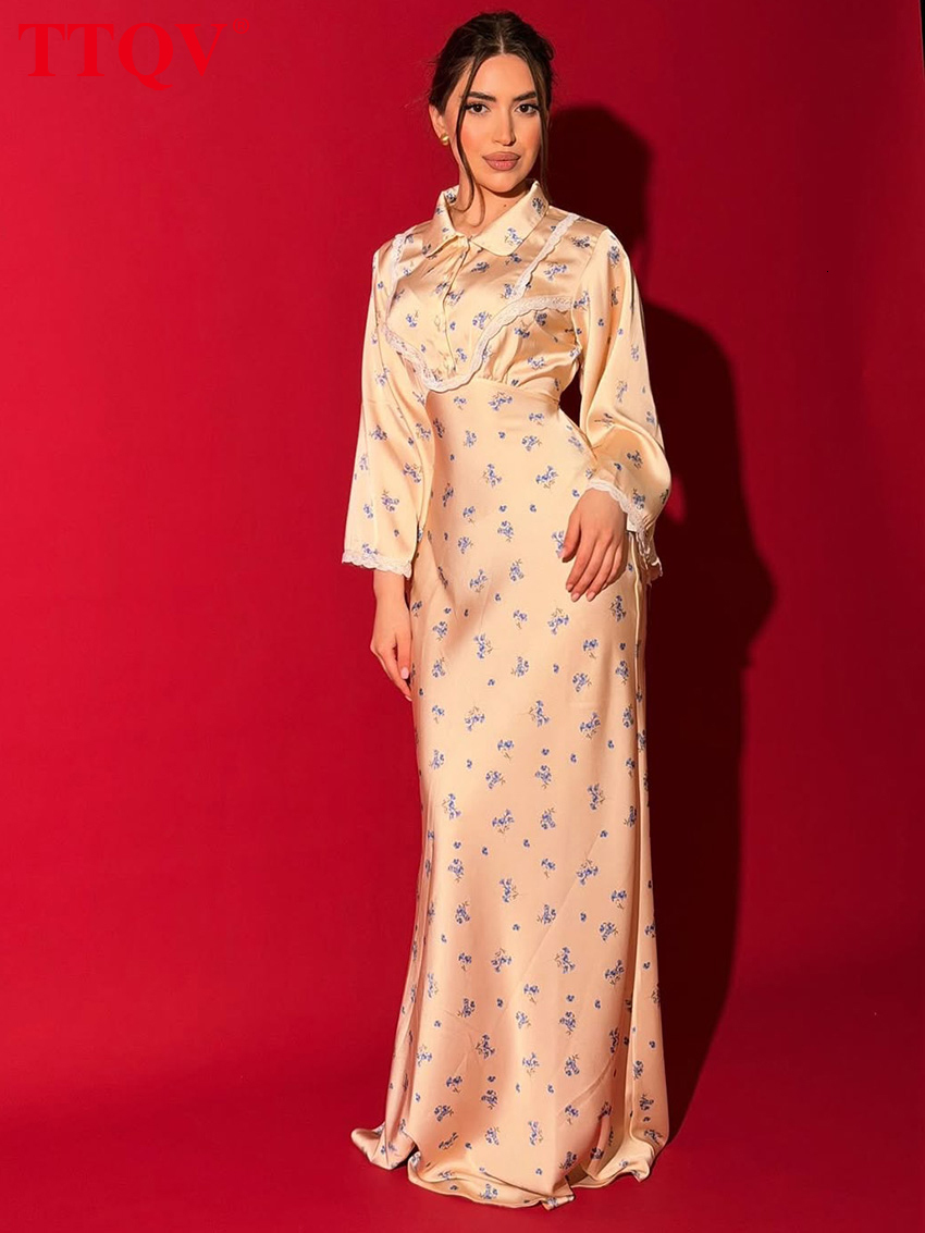 Fashion Slim Print Women's 2026 Autumn Lapel Long Sleeve Maxi Dresses Lady Elegant Classic Female Dress Streeetwear
