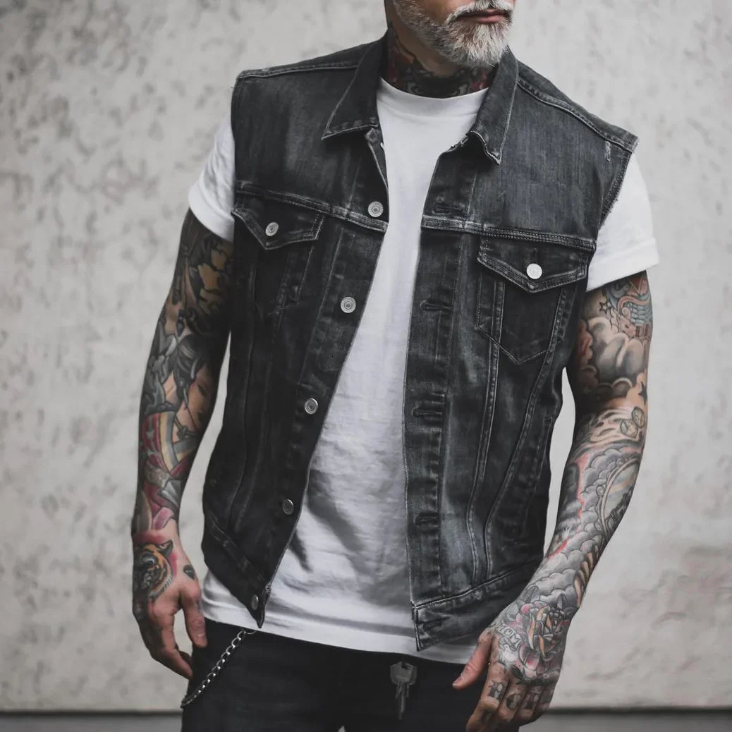 Vests Men Denim Jacket Turn Down Collar Sleeveless Coats Casual Regular Splice Pocket Button Single Breasted Coat Jackets 261015