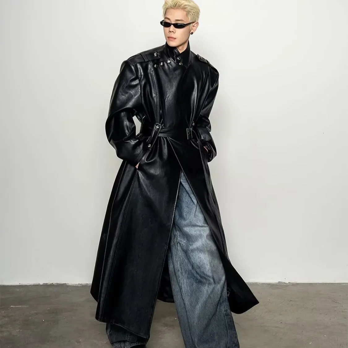 European and American Style Long PU Leather Jacket Loose-Fit Black Trench Coat for Men and Women 261013