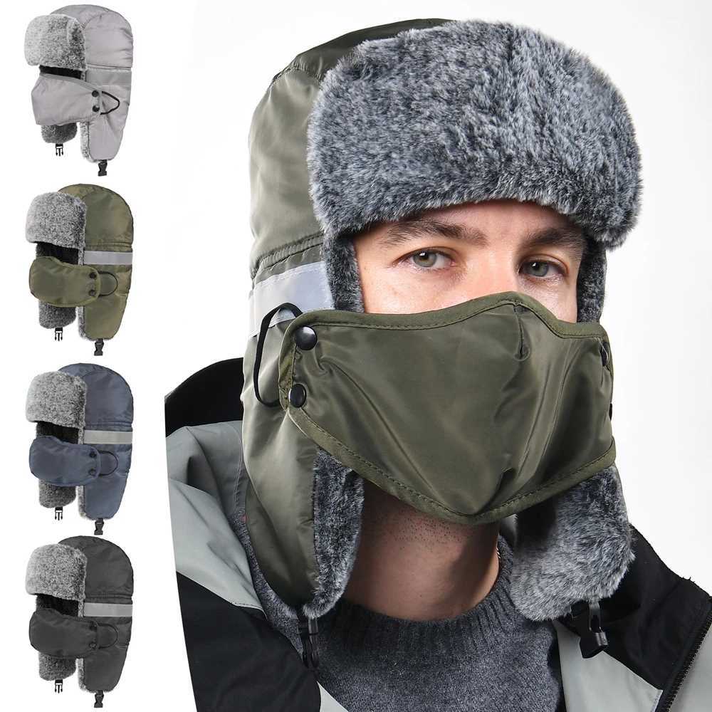 Trapper Hats Men's Outdoor Fleece-Lined Thick Warm Reflective Strip Lei Feng Hat with Removable Mask Ear Flap Bomber Hat Winter Pilot CapT26101