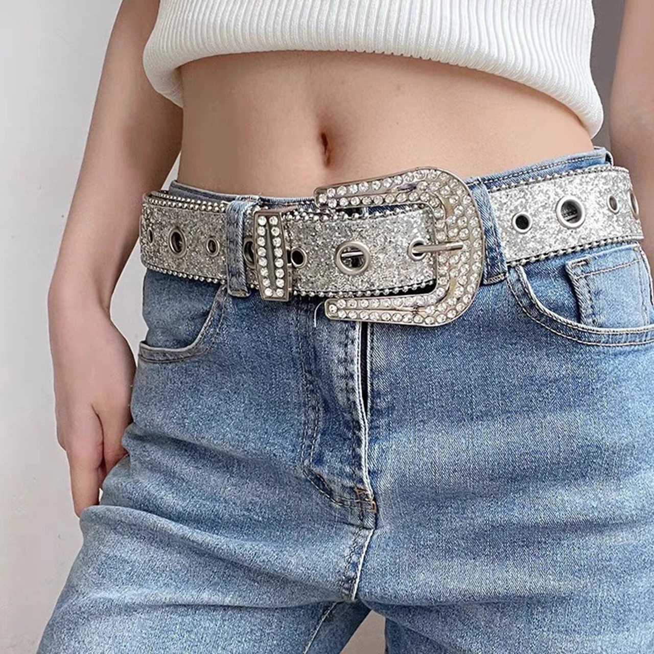 Shiny Rhinestone Women Full Eyelet Belt Sexy Body Wide PU Leather Waistband Female Girl Jeans Pants Decoration Girdle Straps S261017K5F1