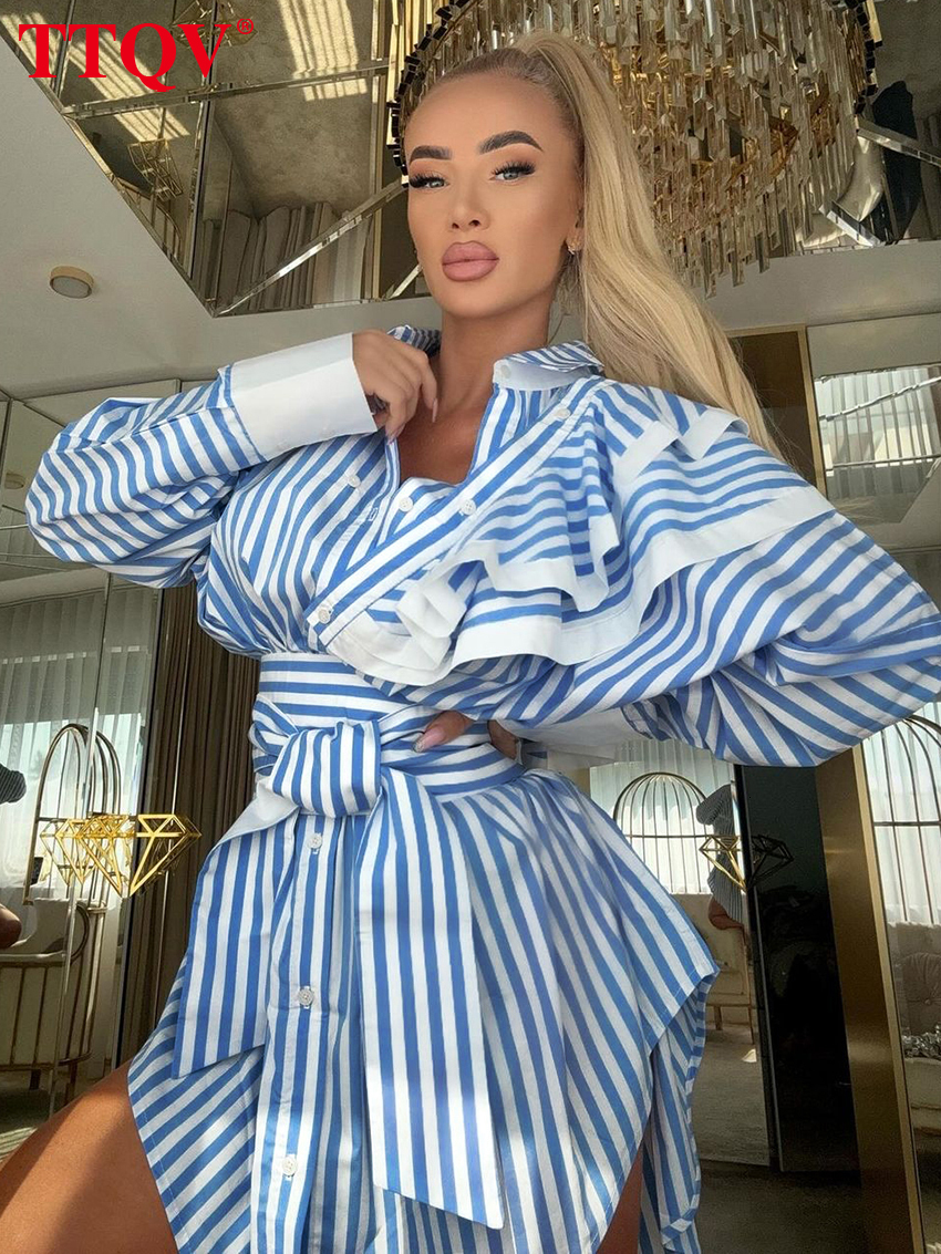 Fashion Loose Blue Stripe Women's 2026 Elegant Lapel Long Sleeve Mini Dresses Casual Classic Lace-Up Female Dress