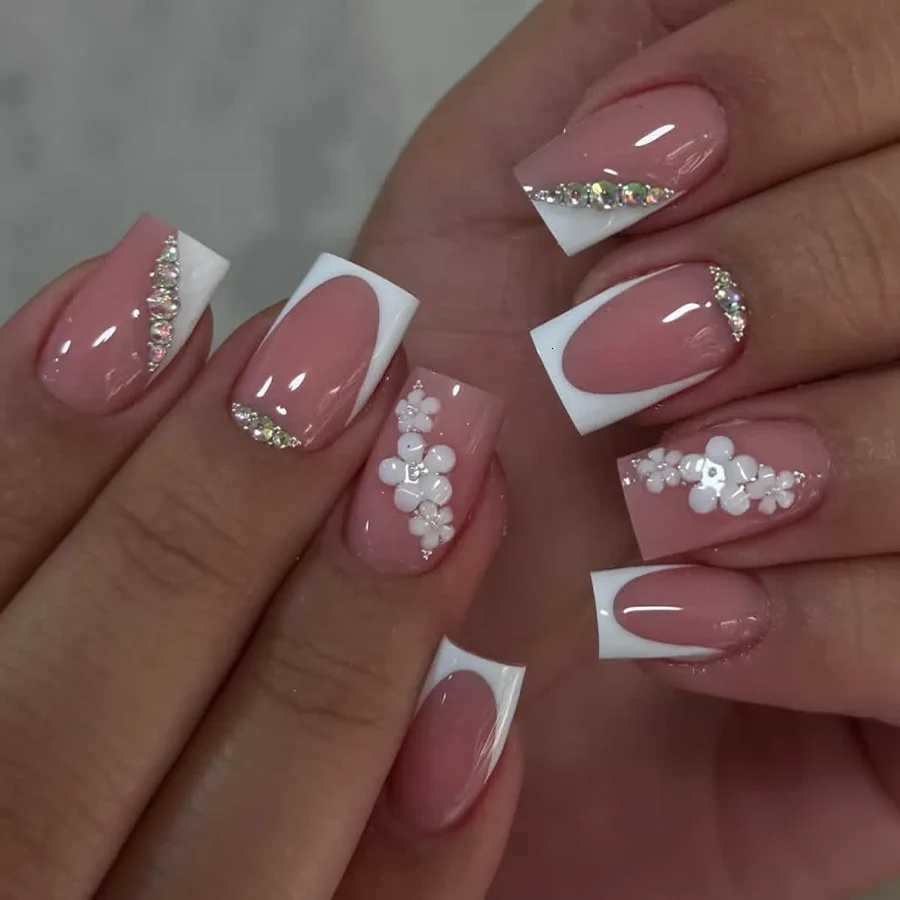 False Nails 24pcs Short Square Press on Nails with Diamond Flower Design Fake Nail French Pink Ballet False Nails Wearable Full Cover Nail Q261017