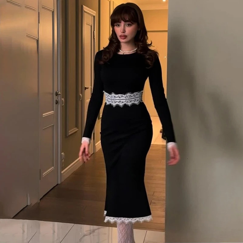 TARUXY Women's Long Sleeve Round Neck Lace Splicing Mermaid Dress Lace Trim Sheer Slim Elegant Party Evening Dress Autumn Winter 261016