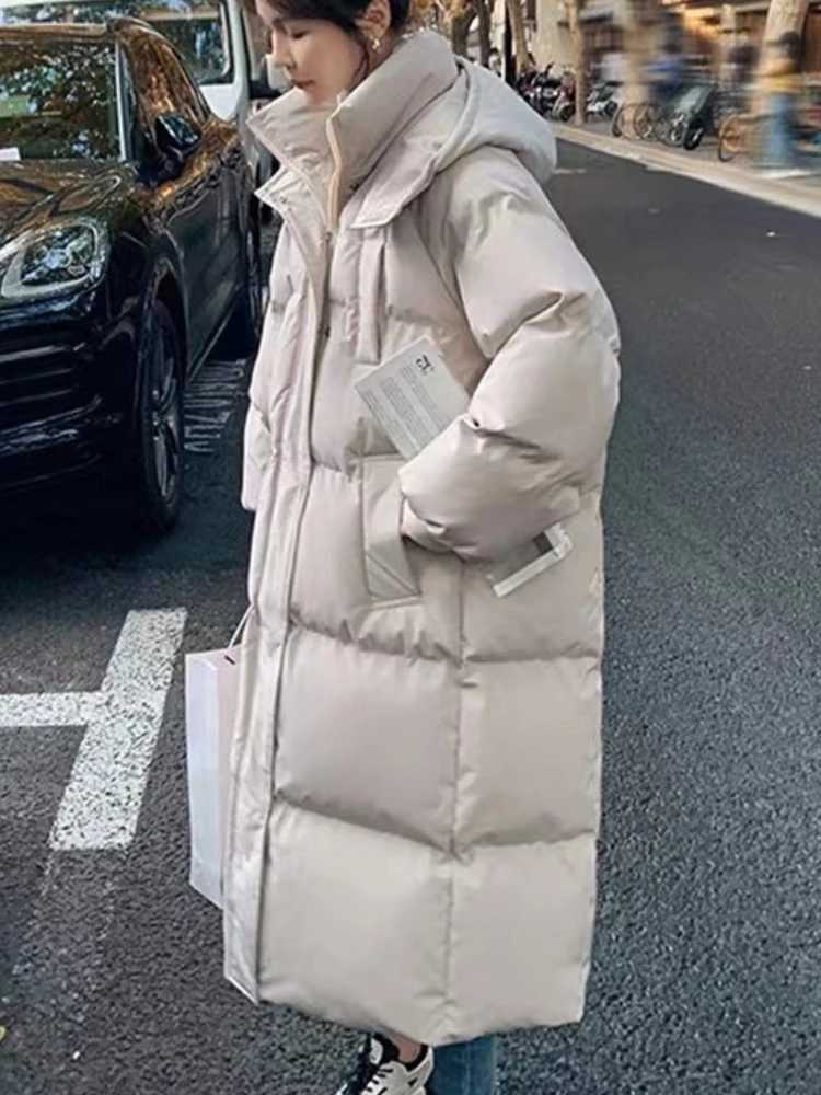 Women's Down Parkas Women's Winter 2026 Outerwear Korean Loose Long Knee Length Solid Hooded Jacket Long Thickened Down Cotton Bread Style