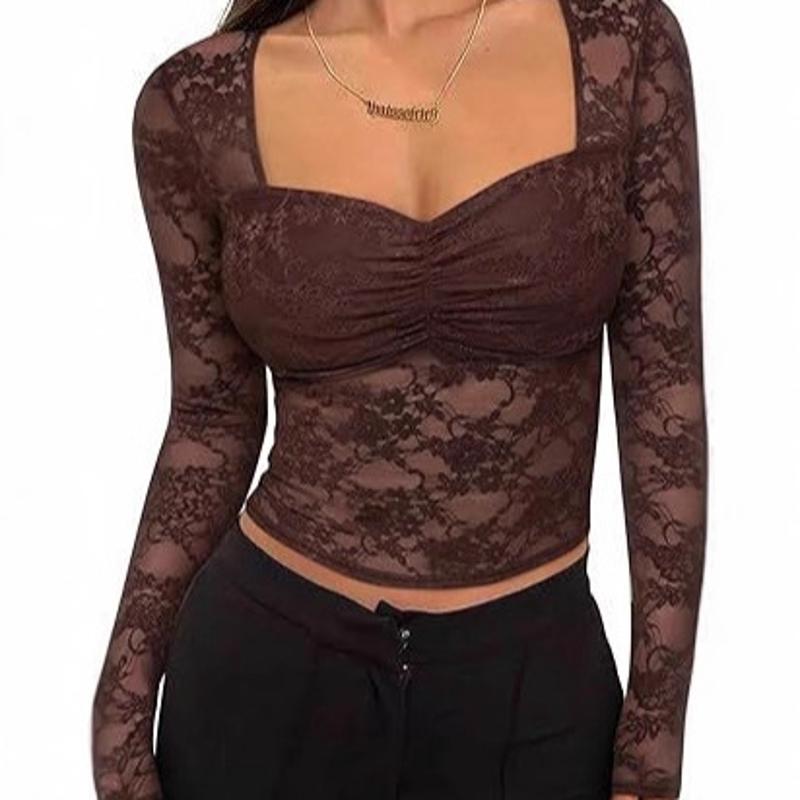 Femmes Sexy col carré dentelle épissure à manches longues coupe ajustée haut printemps Streetwear t-shirt Blouse mode