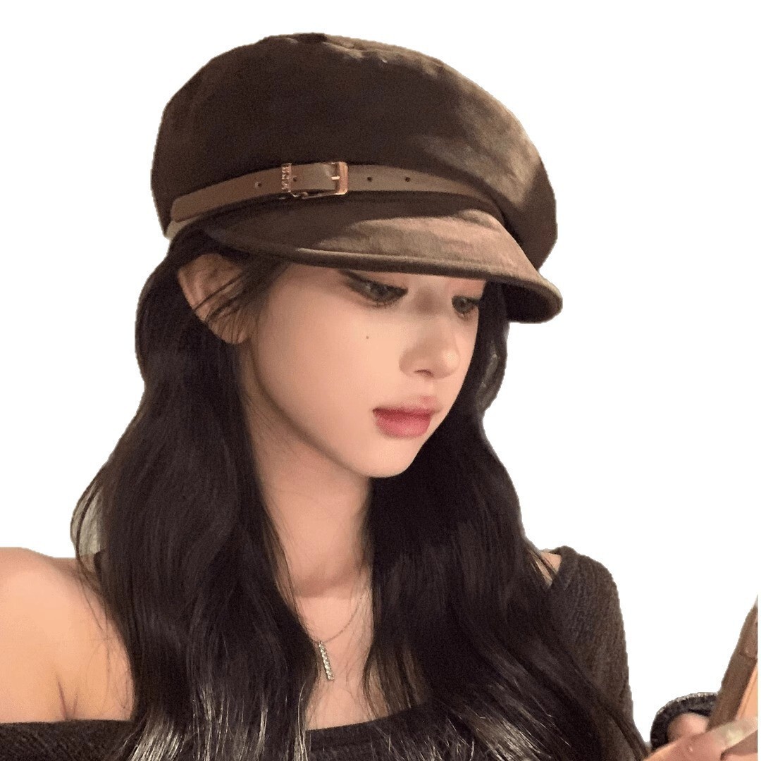 Autumn Winter New Belt Flat Top Hat Women Japanese Retro British Style Fashion Newsboy Cap Duckbill Octagonal Beret Trendy