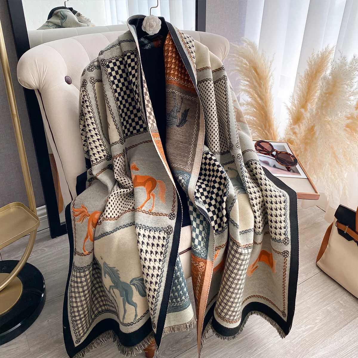 New Luxury Brand Two-Sided Jacquard Scarf Cashmere Soft Warm Fringe Pashmina The Horse Shawl Winter Coldproof Windproof Blanket S261017APAU