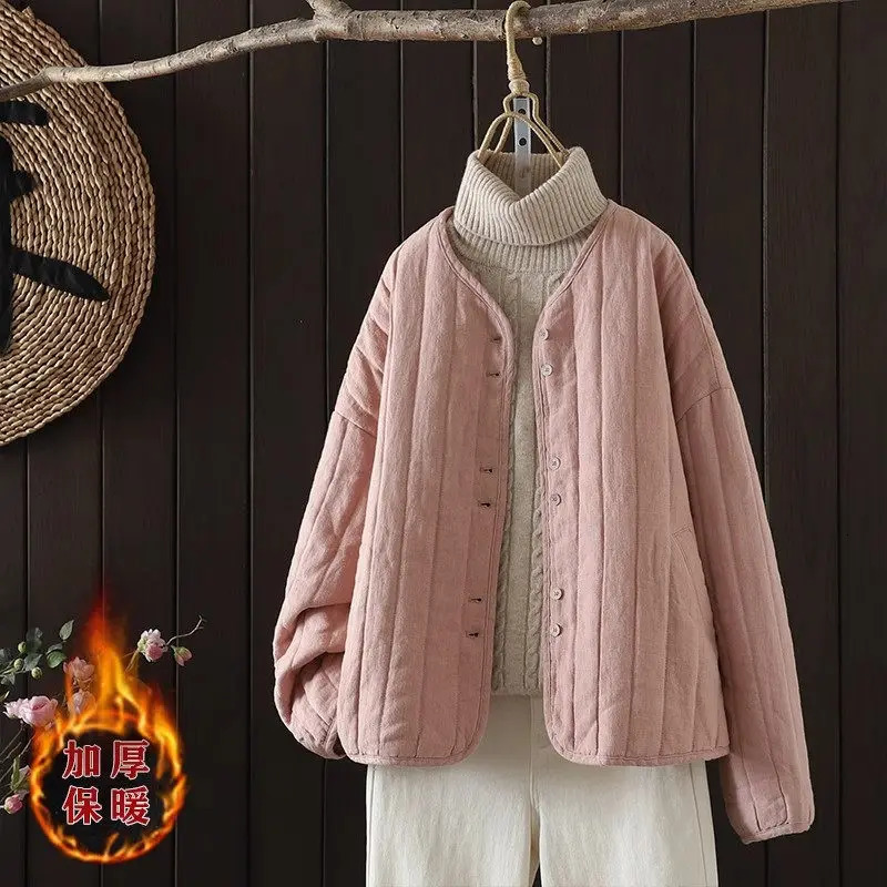 Women's Quilted Jacket Loose Casual Short Coat - Solid Color Cotton Top for Spring Autumn Retro Art Style 261015