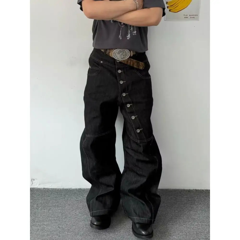 American Retro Long Row Button n Jeans Mens Loose Wide Leg FloorLength Trousers Trendy High Street Style Autumn Wear 261016