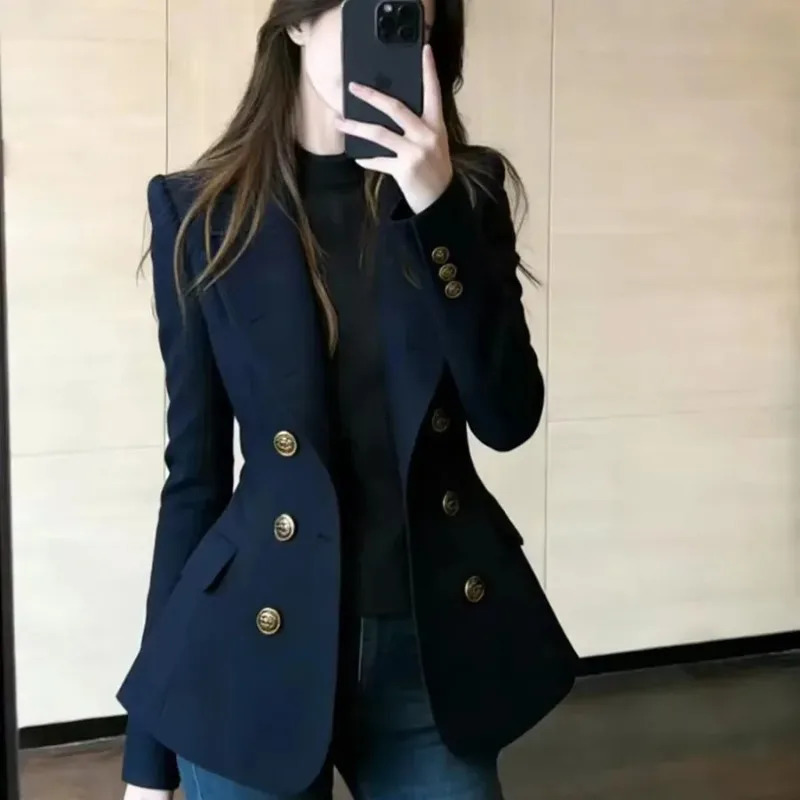 Women's Autumn Fashion Loose Suit Jacket Top French Highgrade Navy Blue DoubleBreasted Blazer Outwear 261015