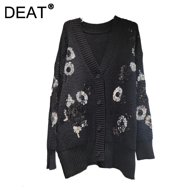 DEAT Women's Cardigan Loose Long Sleeve Sequins Flowers V-neck Casual Female Knitted Sweaters 2026 Autumn Fashion 29A2753 261015