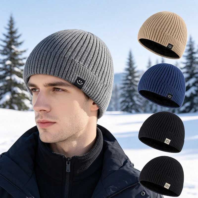 Men Knit Beanie Hat Smile Label Flee Lined Winter Warm Ribbed Skull Cap Women Knitted Hat Stretchy Casual Daily Headwear S26101733QQ
