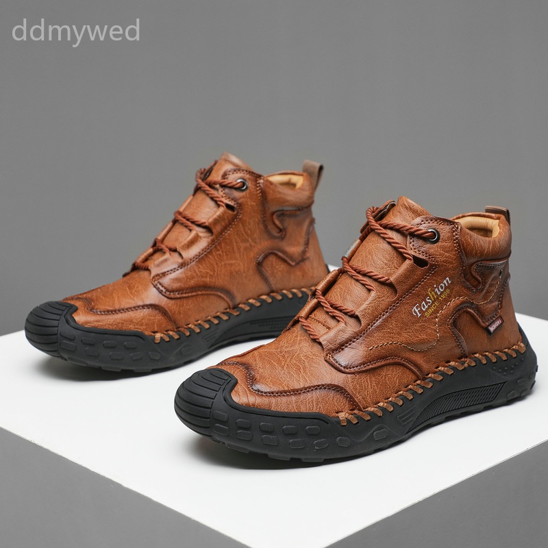 Men's High-Top Casual Leather Boots Outdoor Fashion Sneakers Mid-Cut Ankle Boots for Men