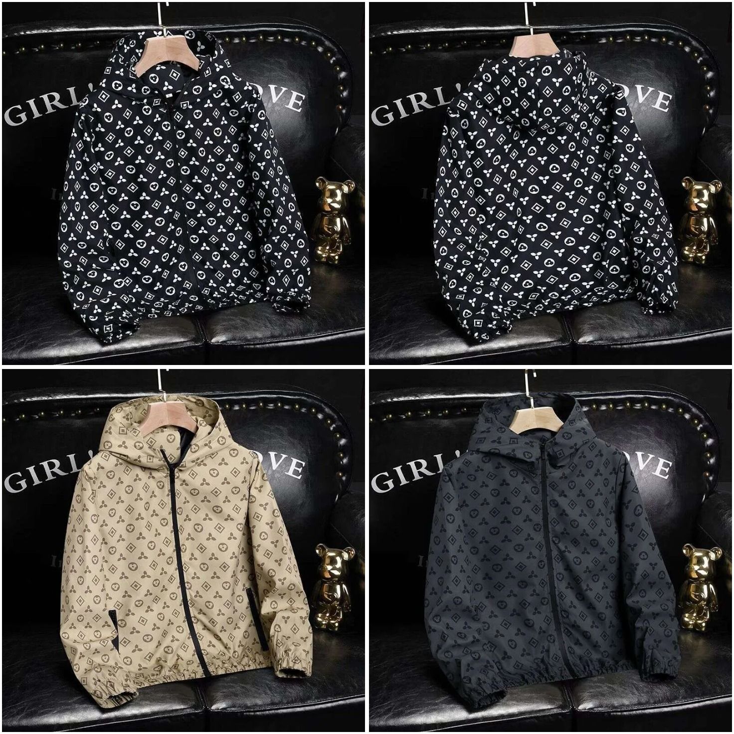 Jacket Brand Men Monogram Print Hooded Zipper Casual Short Coat Trendy Streetwear Style Black Beige Daily Commute
