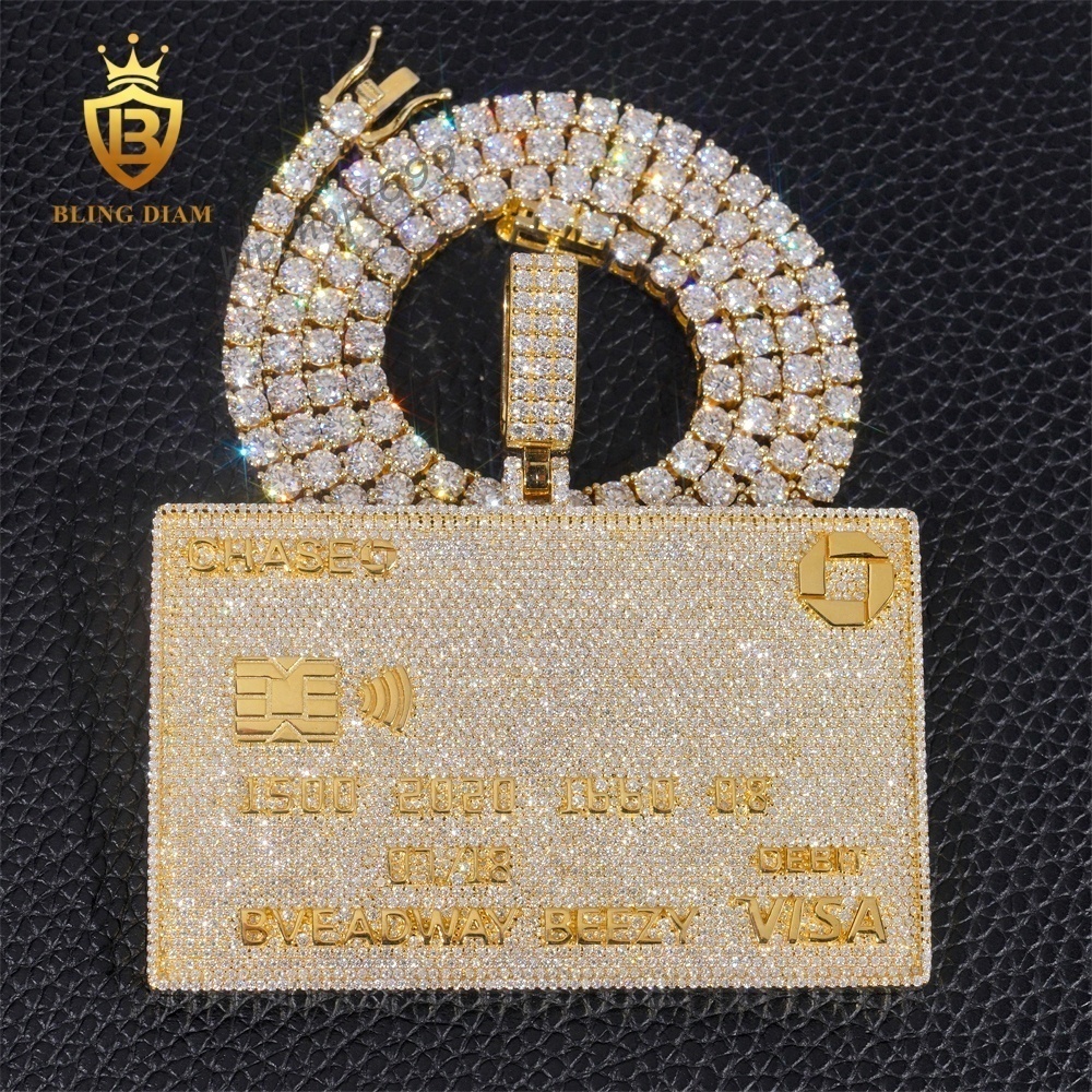 New Fashion 925 Sterling Silver Credit Card Pendant Gold Plated Certificate Available Moissanite Pendant Hip Hop Luxury Jewelry