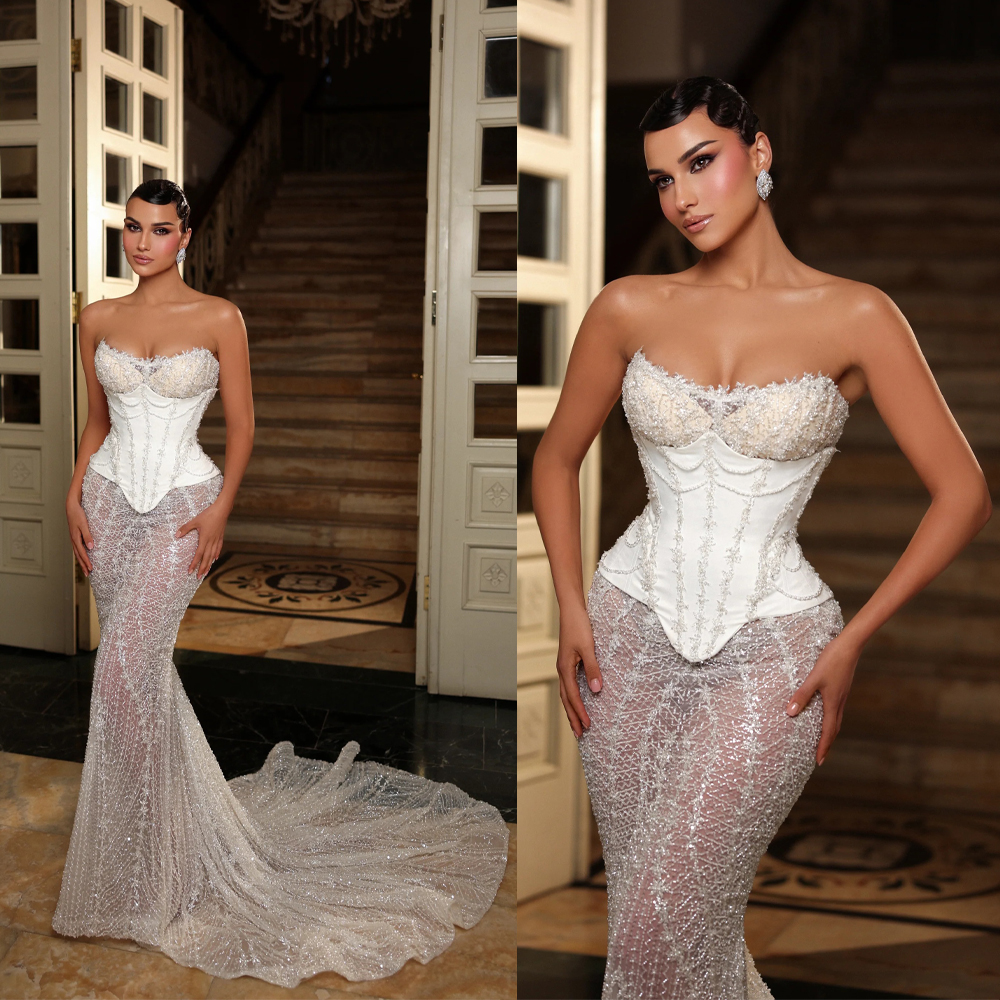 Sexy Evening Dresses For Women Sweetheart Neck Sleeveless Gown Sequins Lace Sweep Train Dress Prom Party Customized Dress