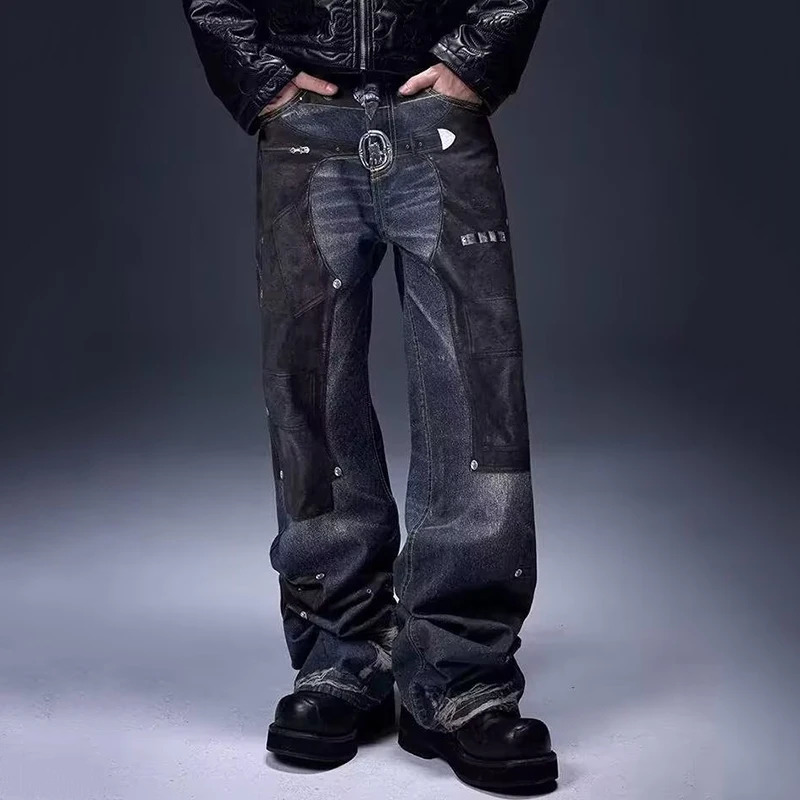 FEWQ High Street Men Jeans Belt Rivets Printing Contrast Color Patchwork Wide Leg Male Denim Pants Trend 24K5573 261016
