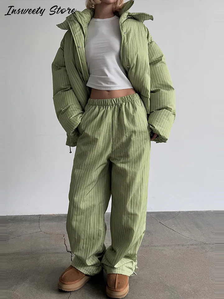 Chic Striped Hooded Puffer Coat Set Women Quilted Full Sleeve Zip Jacket Wide Leg Pants 2026 Lady Autumn Winter Warm Outfit 261012