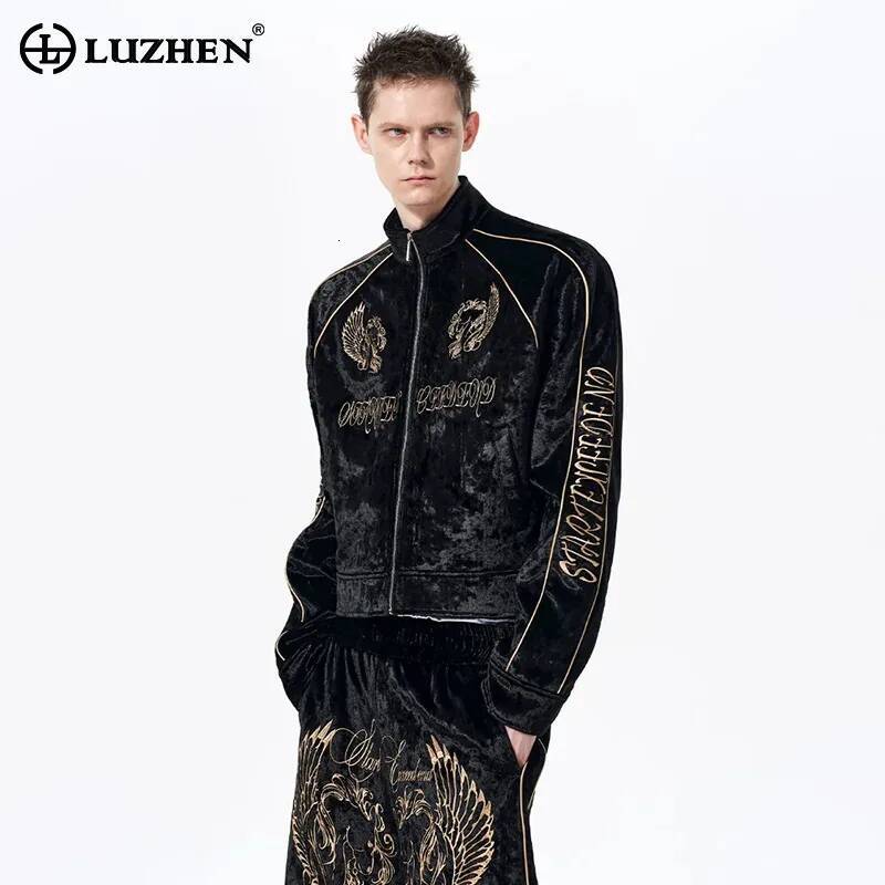LUZHEN 2026 New Original Embroidery Pattern Stand Neck Coat Men's Trendy High Quality Brushed Handsome Casual Male Jacket