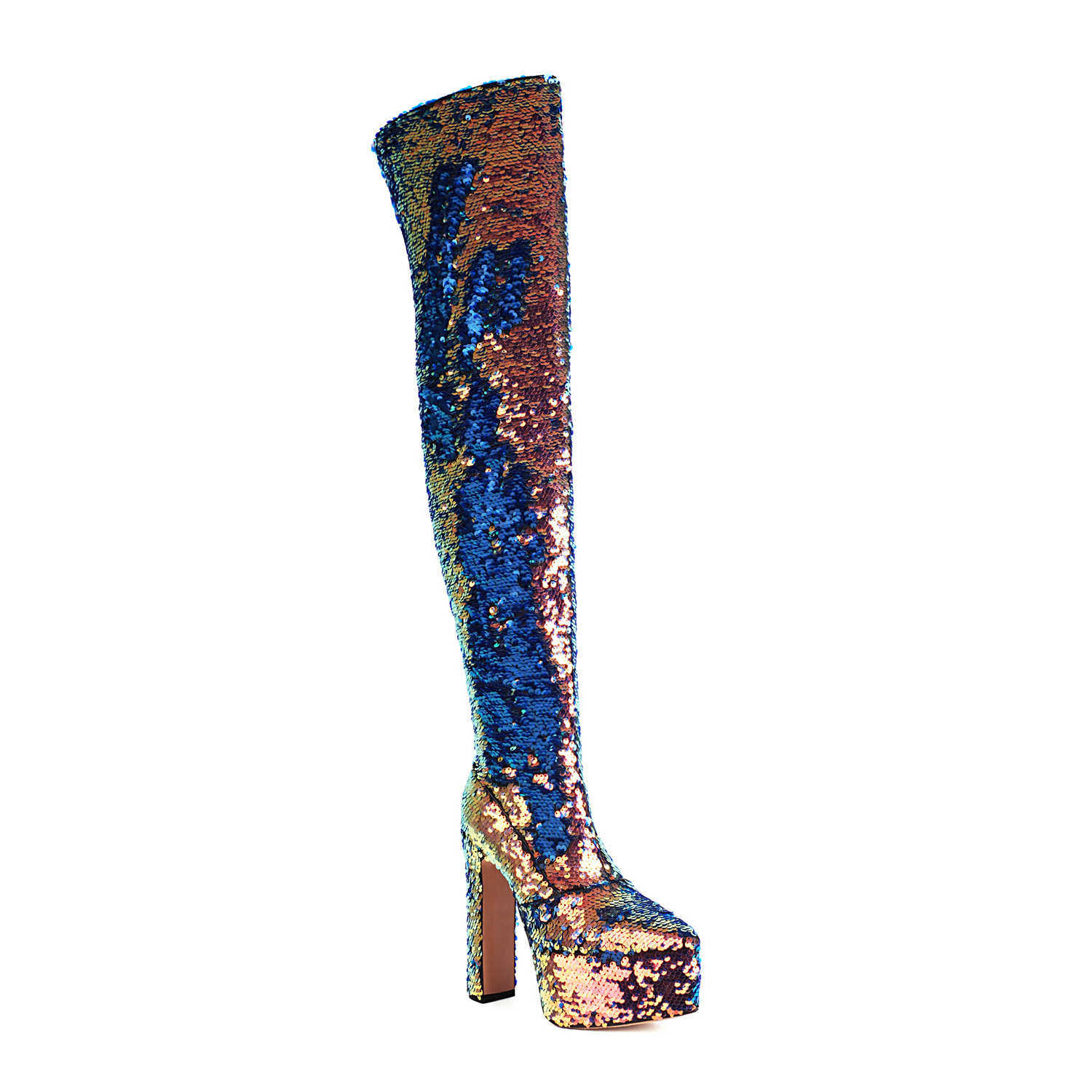 2026 new sequin pointed-toe chunky heel super high heel side zipper over-the-knee fashion plus-size women's boots