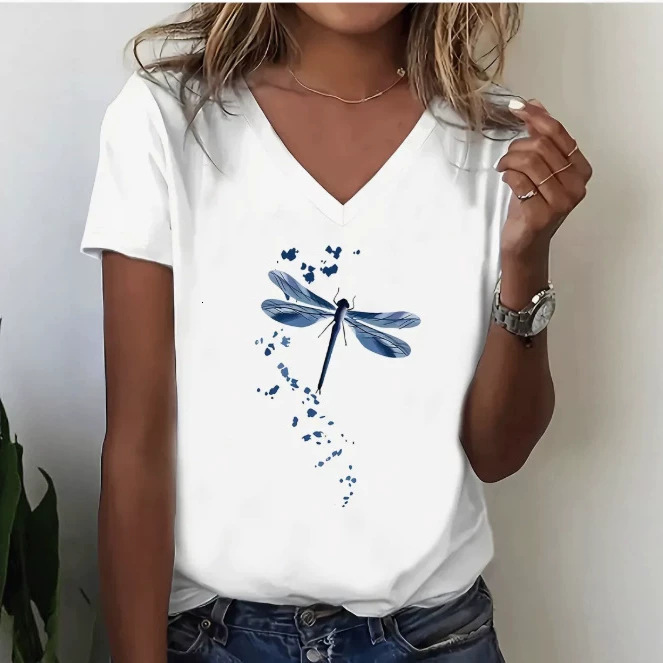2026 Summer New European And American Women's V-Neck Short-Sleeve 3D Digital Print Loose Casual Top Free Shipping