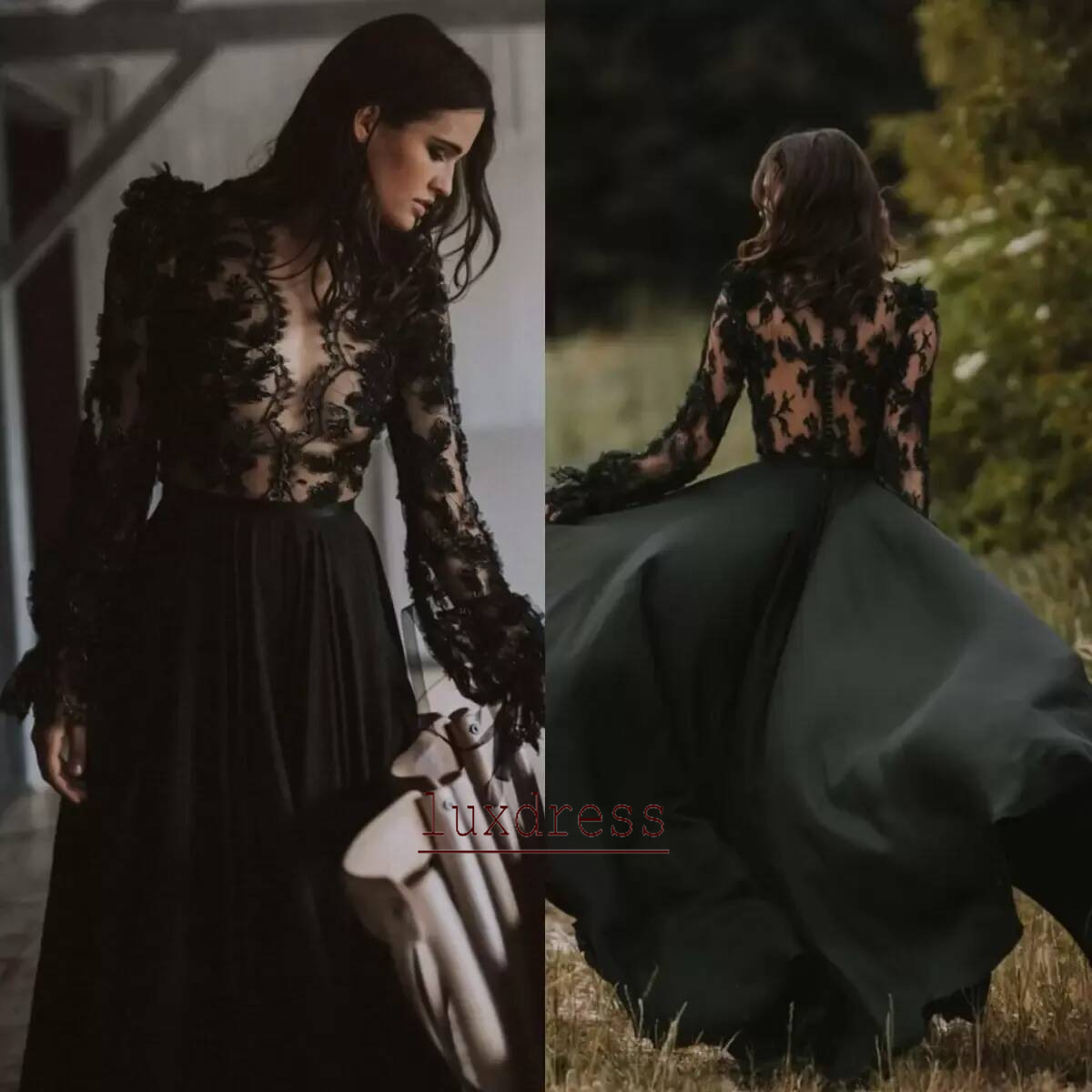 Bridal Black Wedding Dresses Gown Boho Lace Applique Illusion Bodice Chiffon Sweep Train Gothic Tulle Long Sleeves Custom Made Robe De Mariee Plus S