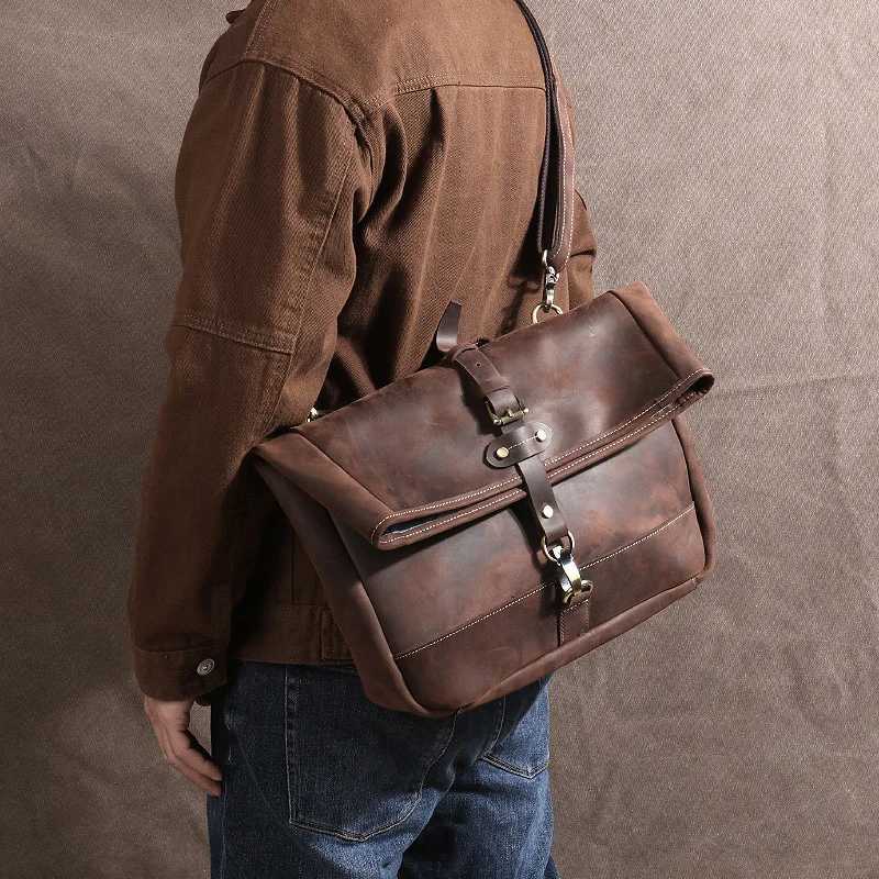 Designer Vintage Crazy Horse Leather Totes Messenger Bag - Genuine Fl-Grain Cowhide Crossbody Bag with Antique Brass Hardware J261016