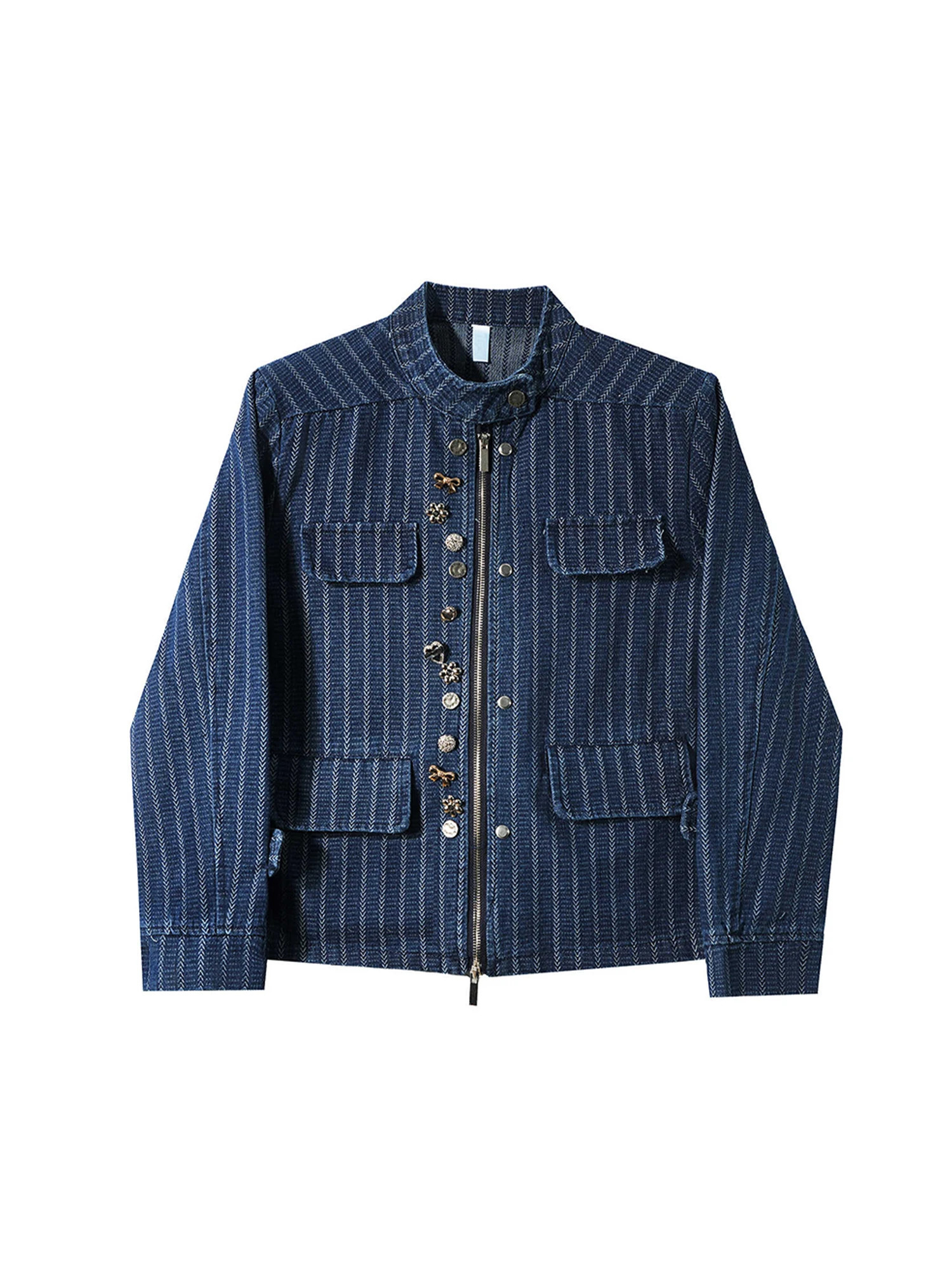 Women Blue Striped Denim Jacket Vintage Harajuku Long Sleeve Turtleneck Cropped Jean Jacket Outerwear Y2k Denim Coat Autumn 261016