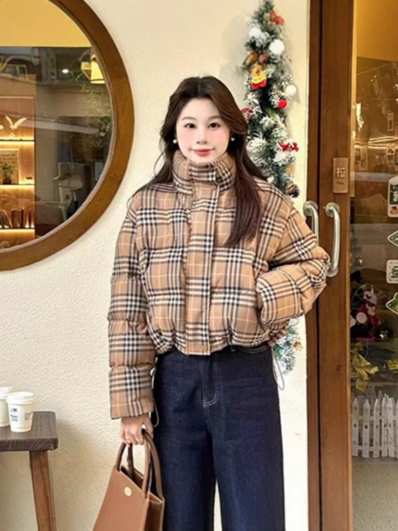 Winter New Korean-Style Plaid Puffer Jacket For Petite Women, Fashionable Thickened Short Cotton Coat Makoufei