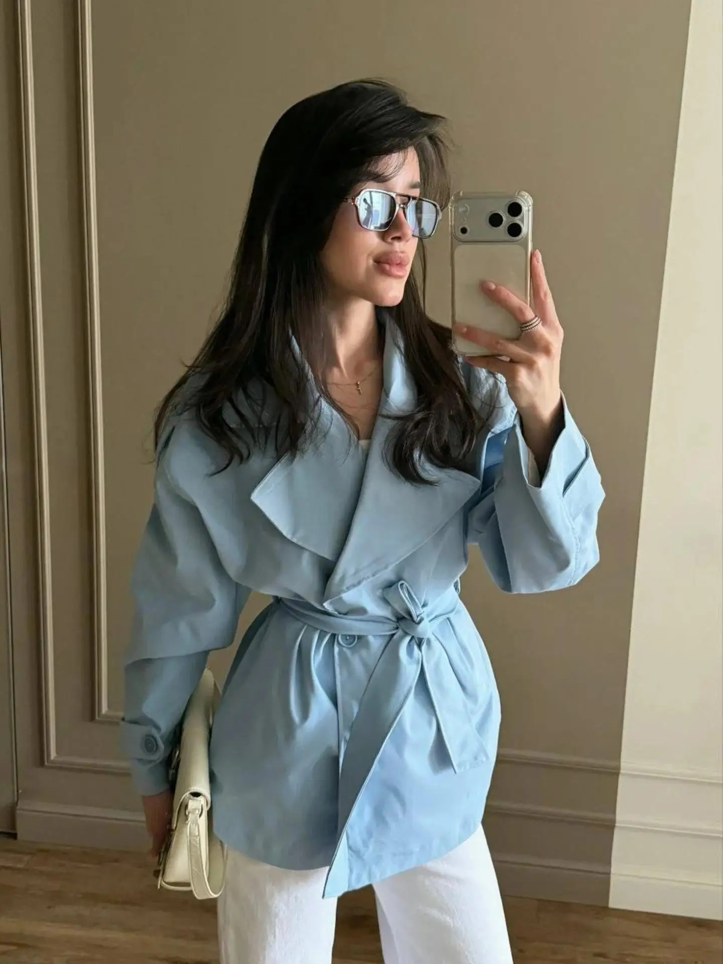 Casual Solid Lapel Lace Up Trench Coat Women's Elegant Long Sleeve Loose Short Coat 2026 Autumn Daily Commute Street Outwear 261015