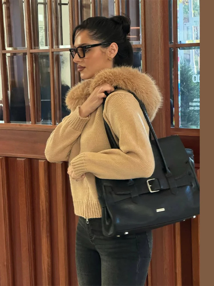 Faux Fur Collar Womens Knitted Cardigan Casual Hooded Zipper Long Sleeve Ribbed Lady Knit Jacket 2026 Autumn Warm Outerwear 261016