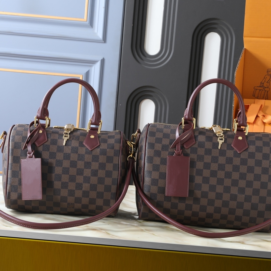 10A Womens designer soft tote bag Luxury Crossbody handbags leather shoulder bag women speedy30cm burgundy checked 25 30 cm Boston Bag M3A350 top qu
