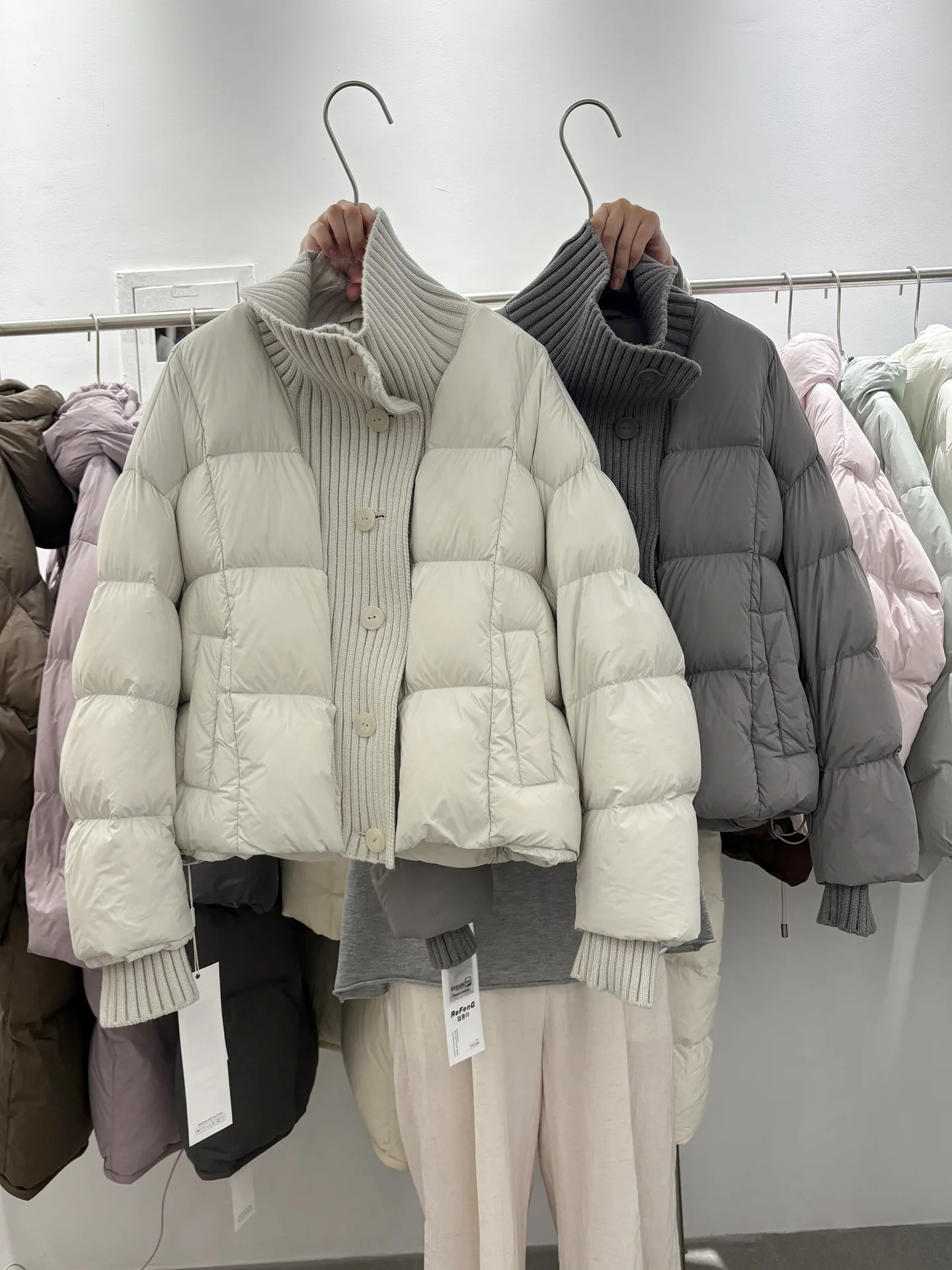 Women's Short Down Coat Knitting Spliced Stand Collar Puffer Jacket Winter Single Breasted Loose Casual Chic Thick Warm Overcoat 261015